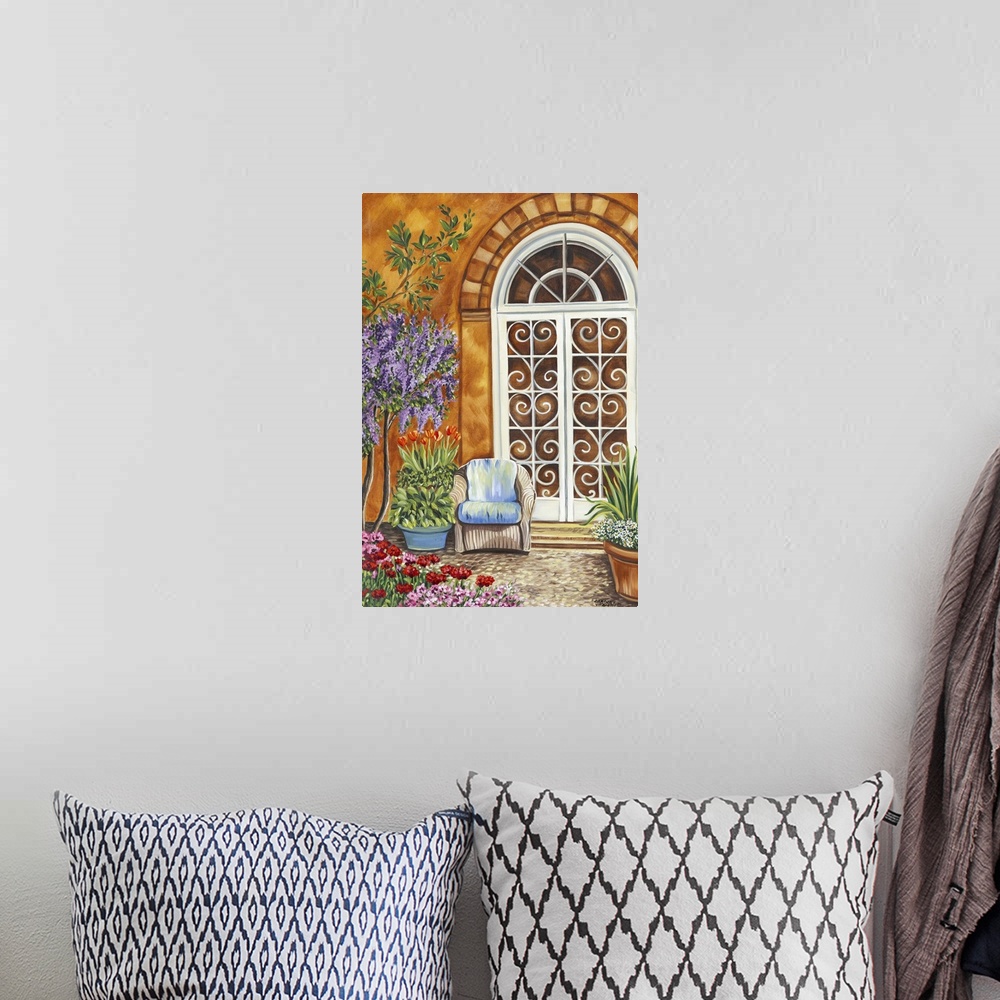 A bohemian room featuring Contemporary painting of a Mediterranean patio with a decorative door and several potted plants.