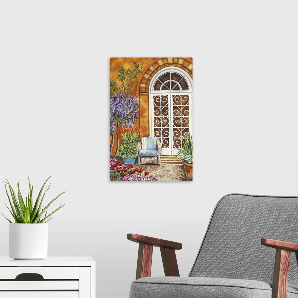 A modern room featuring Contemporary painting of a Mediterranean patio with a decorative door and several potted plants.