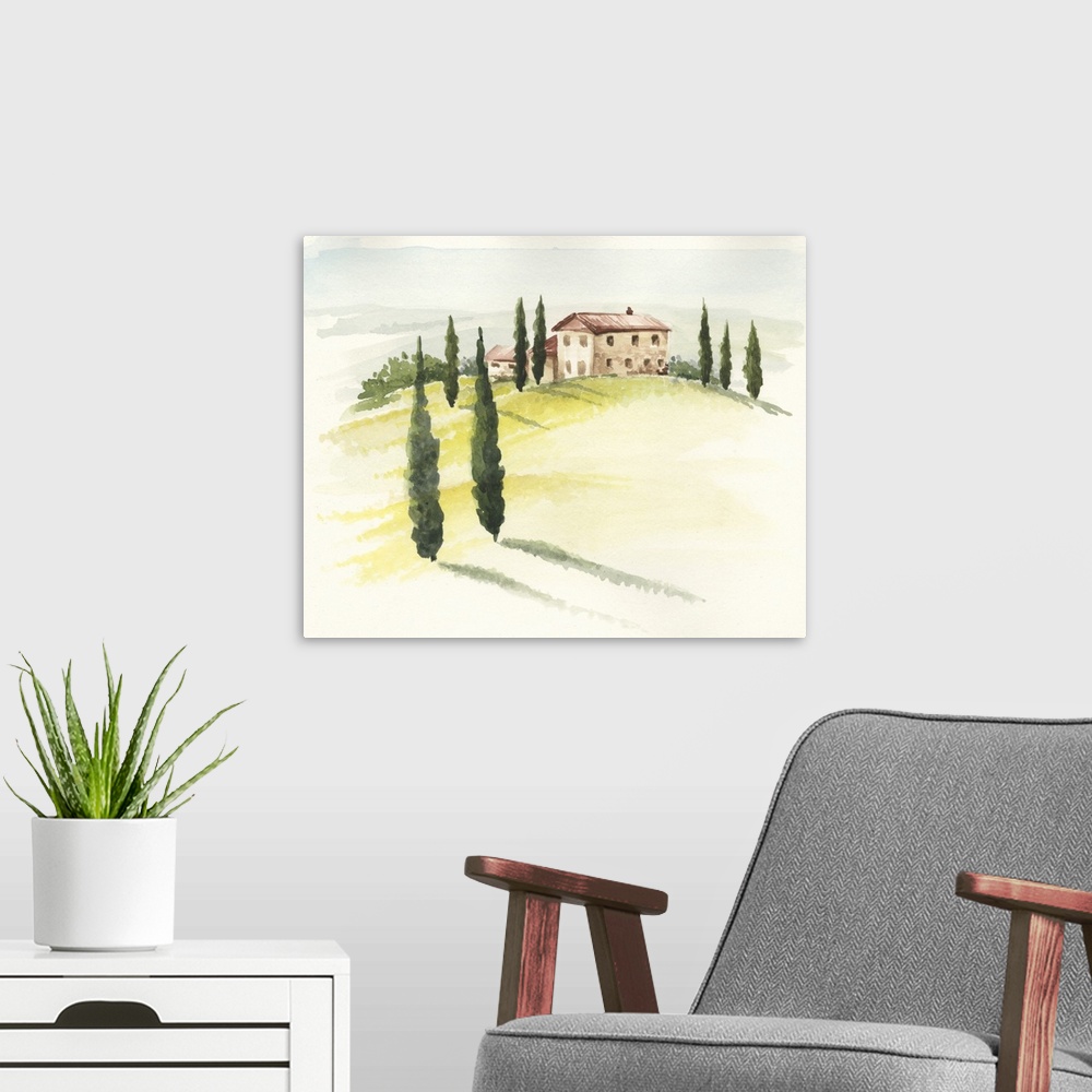 A modern room featuring This watercolor artwork illustrates the beauty and simplicity of a Tuscan countryside with contra...