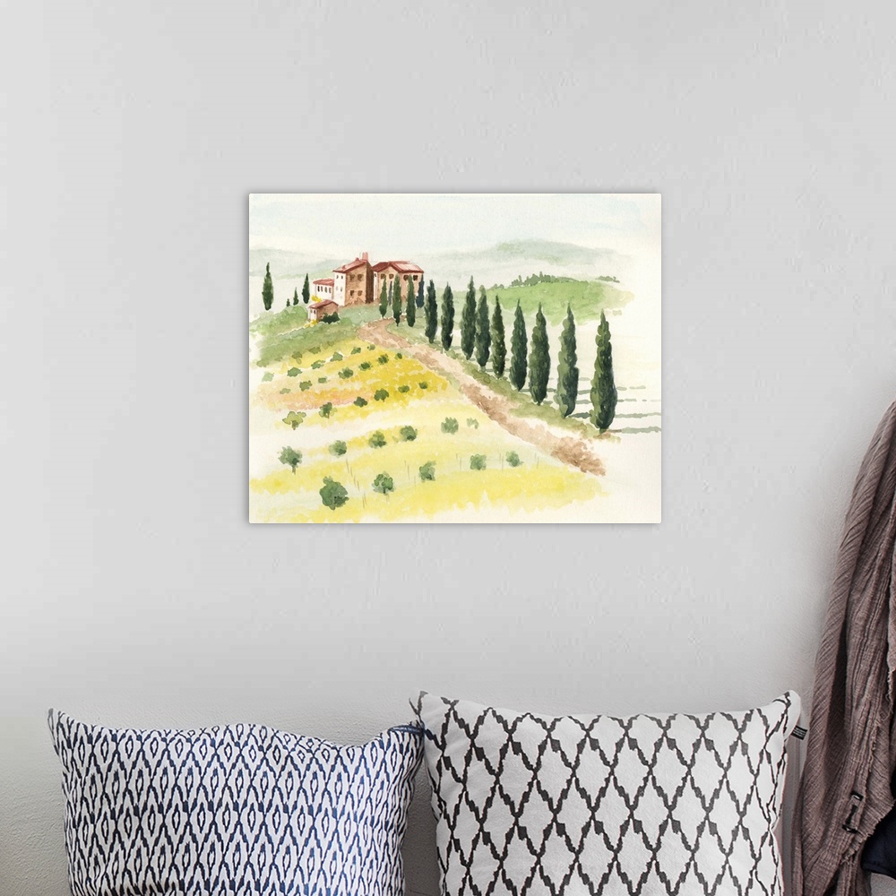 A bohemian room featuring This watercolor artwork illustrates the beauty and simplicity of a Tuscan countryside with contra...