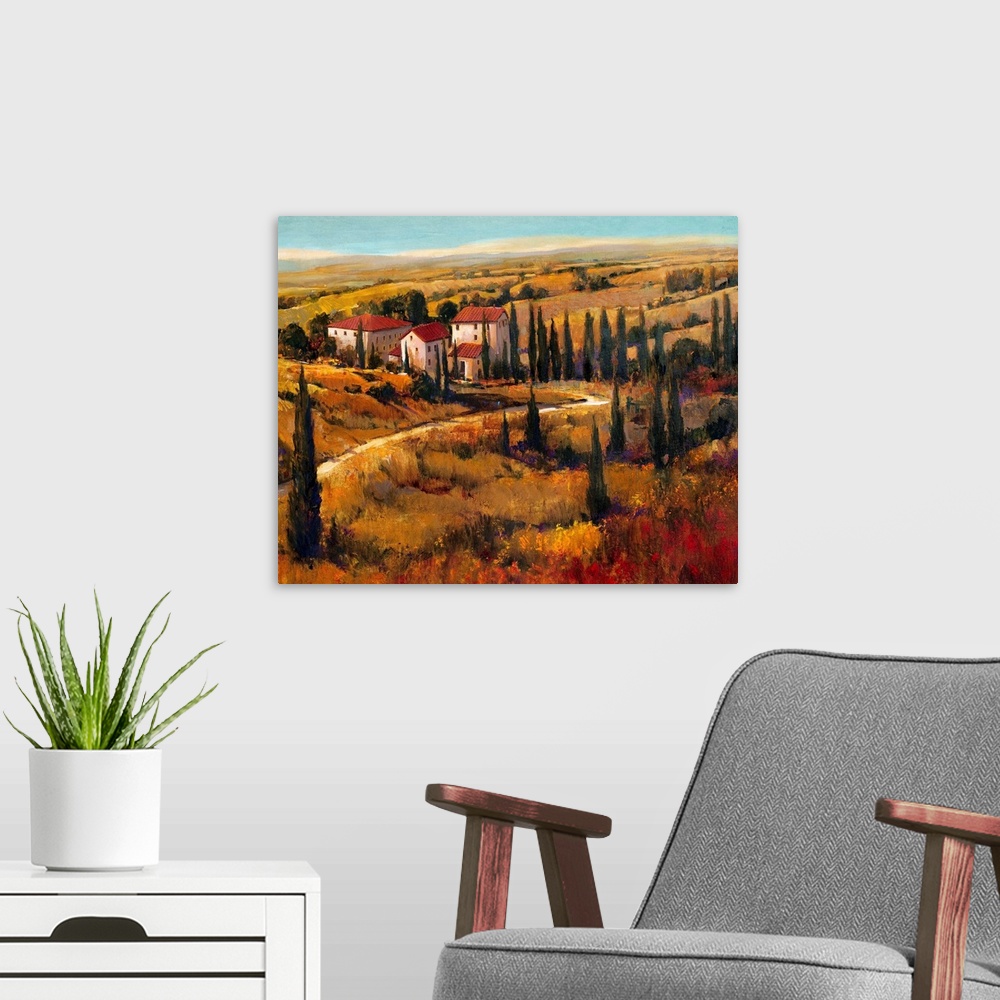 A modern room featuring Painting of the land surrounding a villa in Tuscany.
