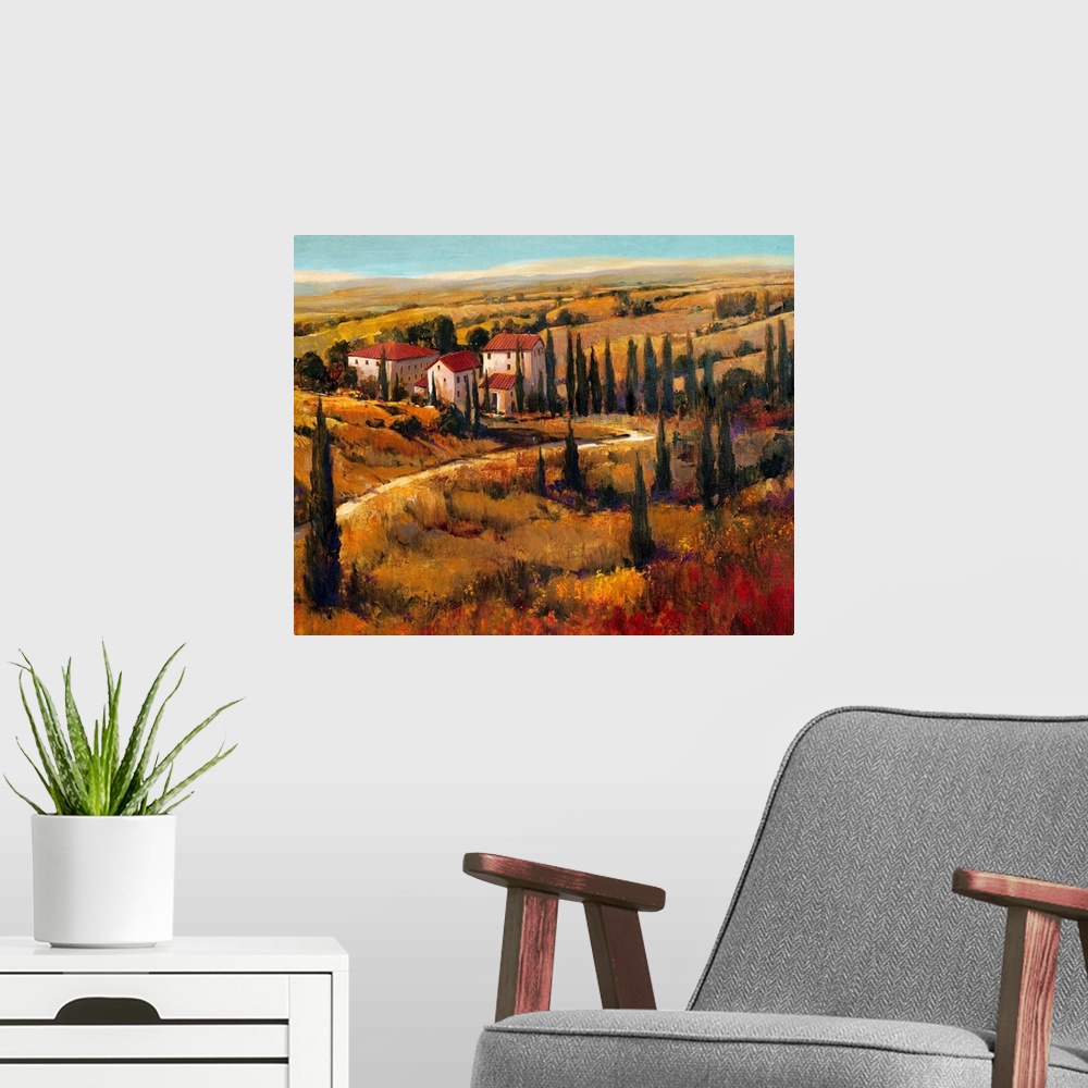 A modern room featuring Painting of the land surrounding a villa in Tuscany.