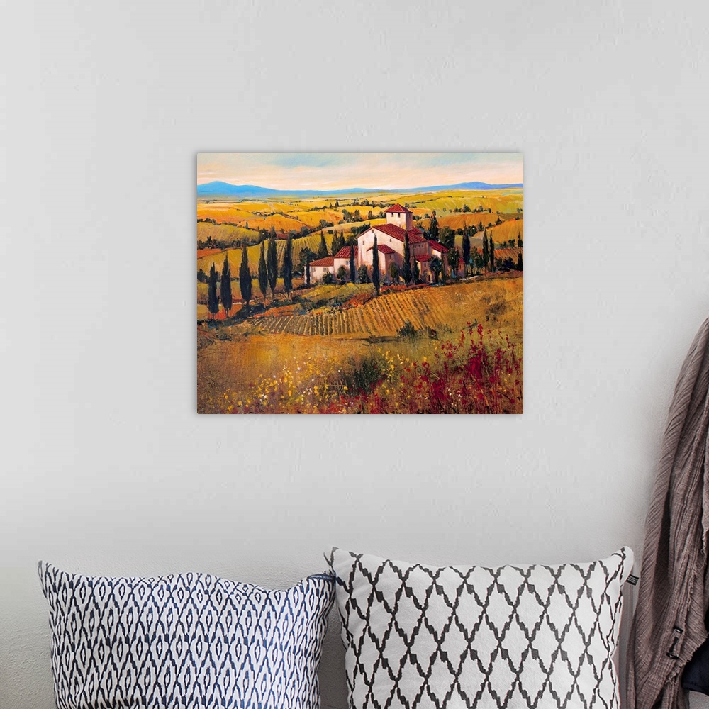A bohemian room featuring This decorative accent for the living room or kitchen is a landscape painting of a church in the ...