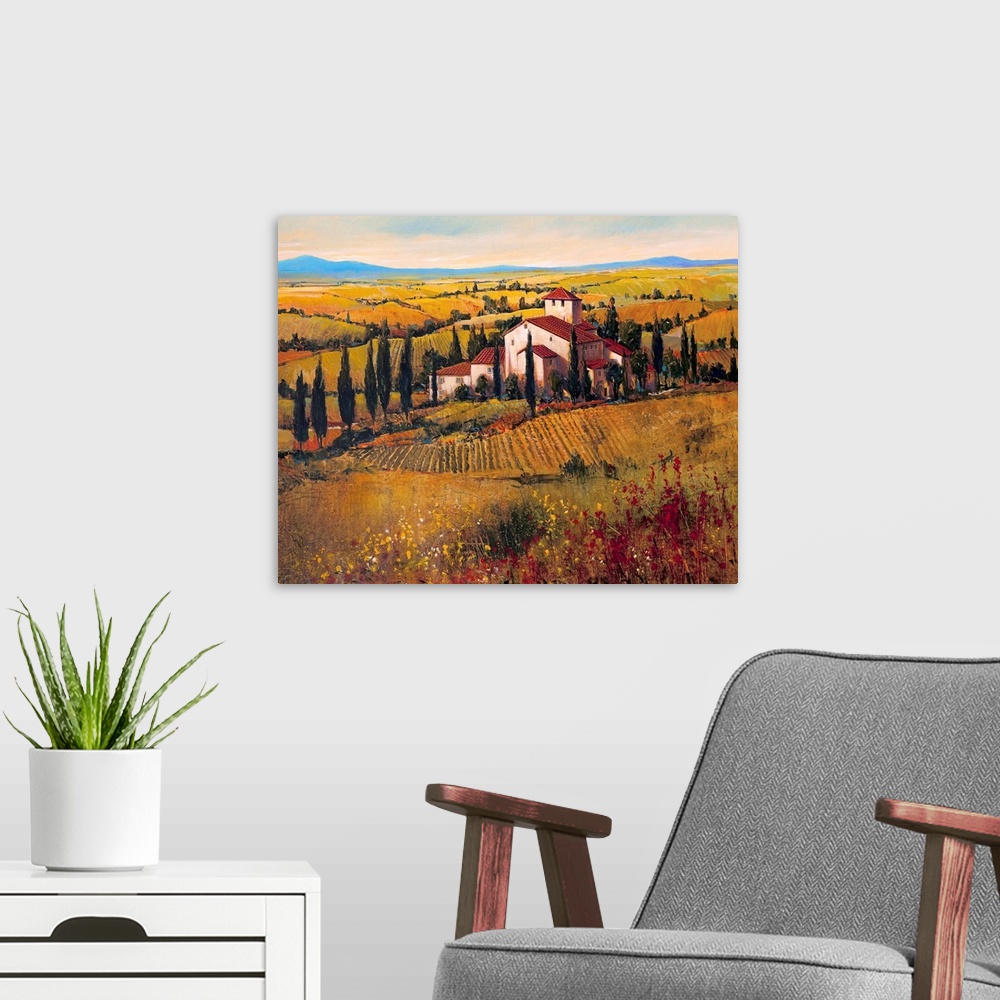 A modern room featuring This decorative accent for the living room or kitchen is a landscape painting of a church in the ...