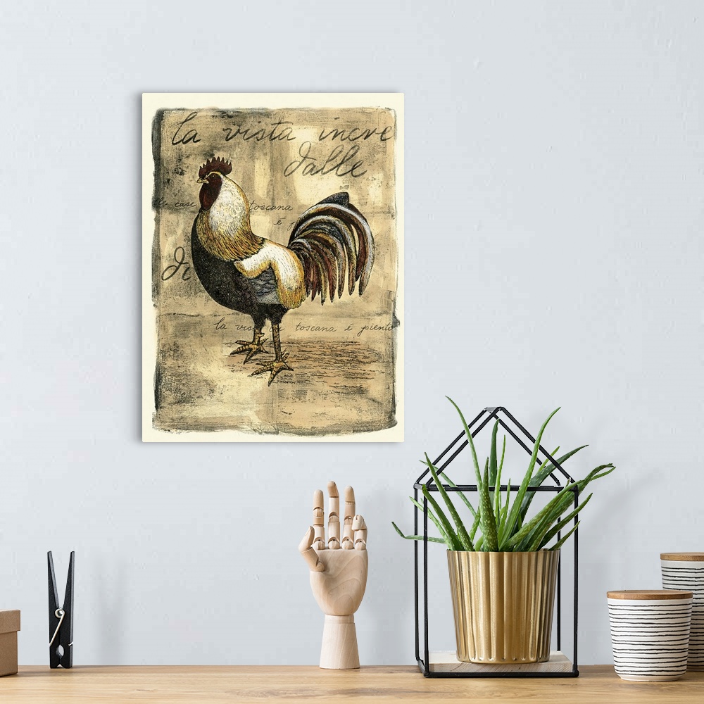 A bohemian room featuring Vintage stylized illustration of a rooster against a rustic weathered background with script.
