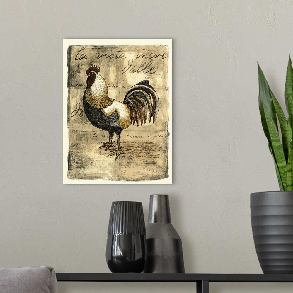 A modern room featuring Vintage stylized illustration of a rooster against a rustic weathered background with script.