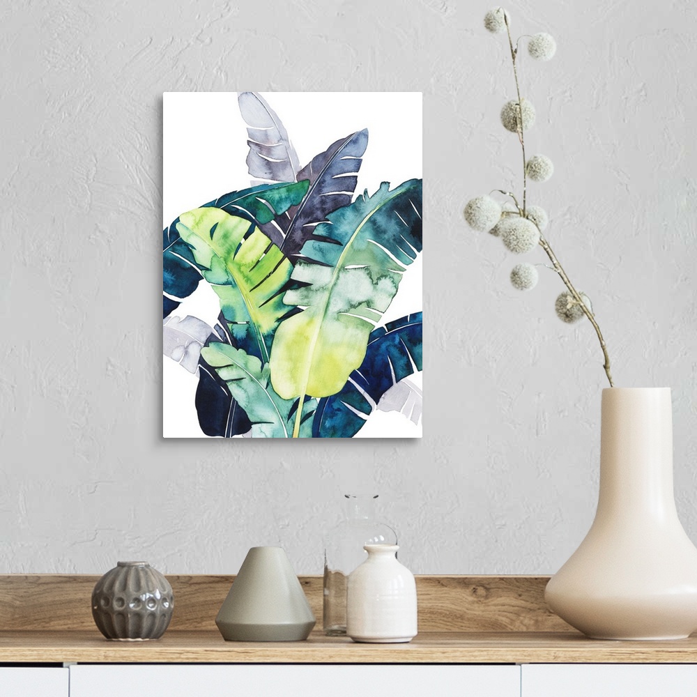 A farmhouse room featuring Watercolor tropical leaves in purple, blue and green flutter in the wind over a white background ...