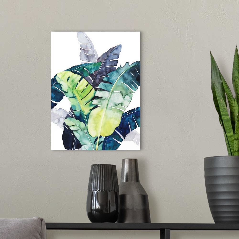 A modern room featuring Watercolor tropical leaves in purple, blue and green flutter in the wind over a white background ...