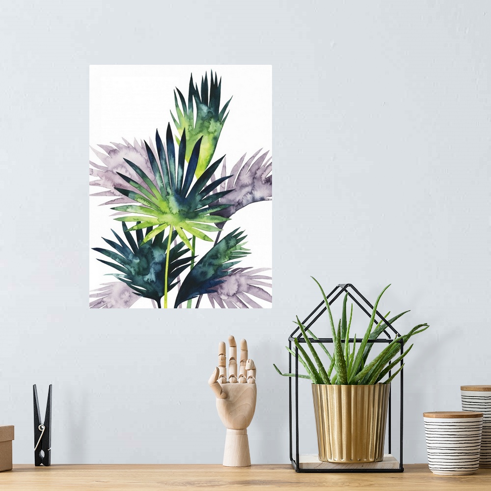 A bohemian room featuring Watercolor tropical leaves in purple, blue and green flutter in the wind over a white background ...