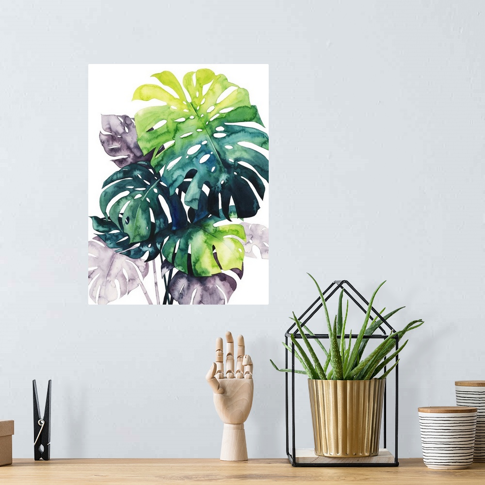 A bohemian room featuring Watercolor tropical leaves in purple, blue and green flutter in the wind over a white background ...