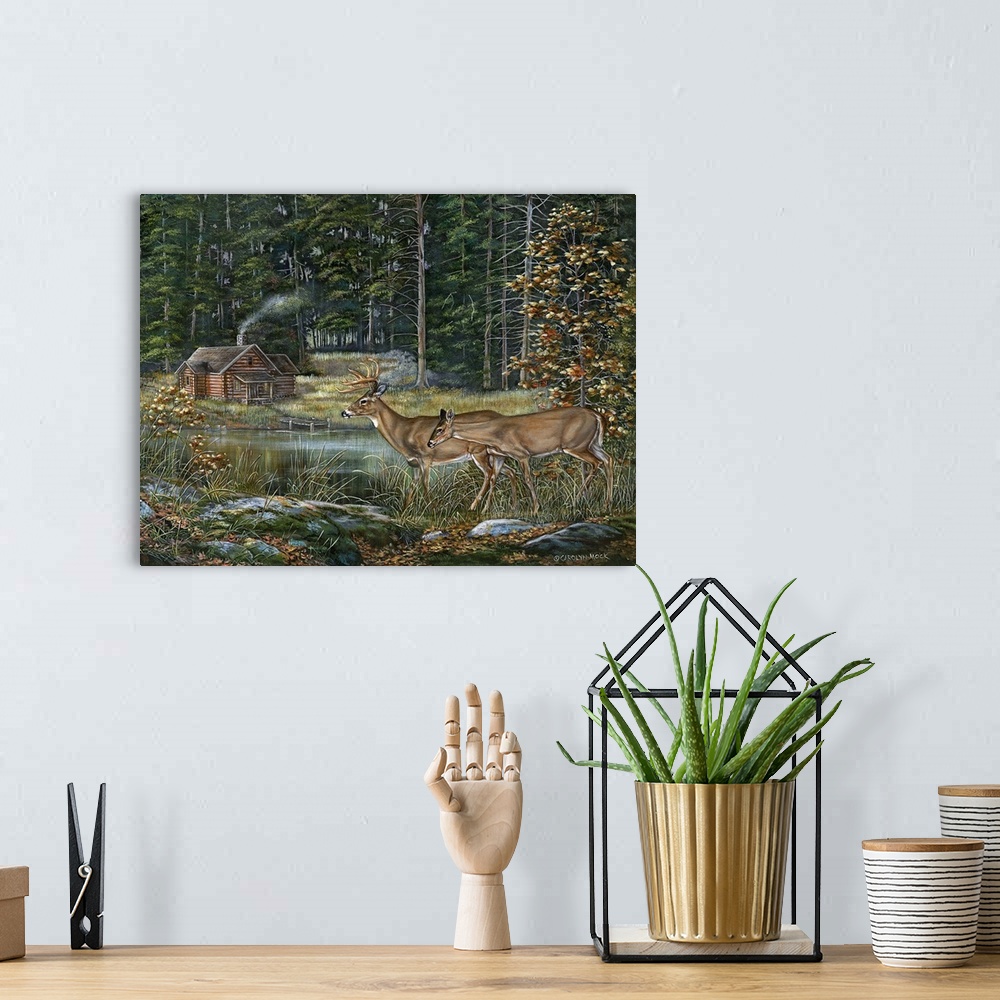 A bohemian room featuring Contemporary painting of deer coming out from the forest to see a cabin.
