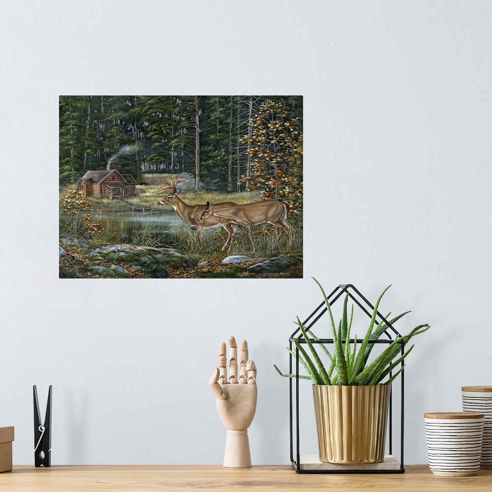 A bohemian room featuring Contemporary painting of deer coming out from the forest to see a cabin.