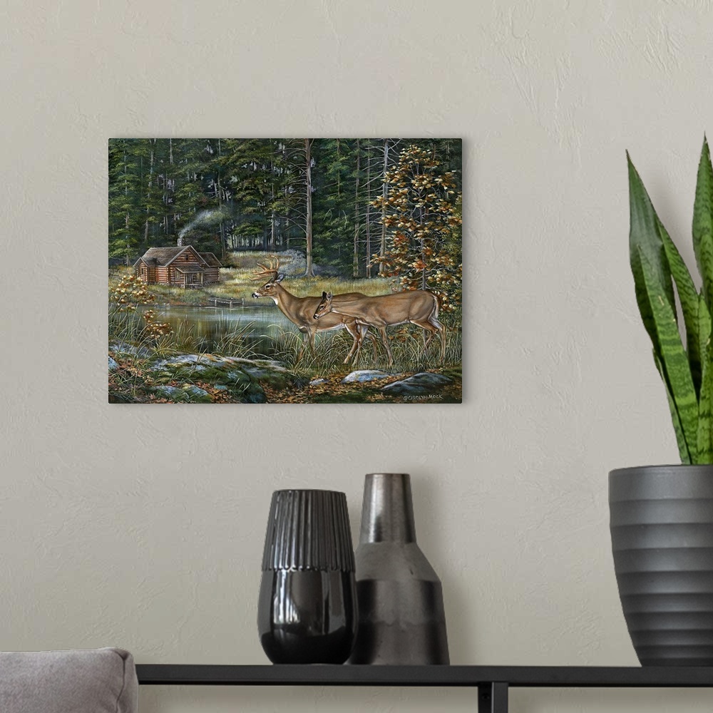 A modern room featuring Contemporary painting of deer coming out from the forest to see a cabin.