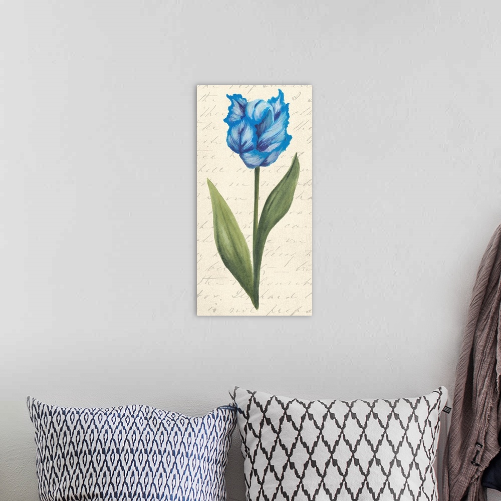 A bohemian room featuring Contemporary artwork of a tulip against a cream colored background with script.