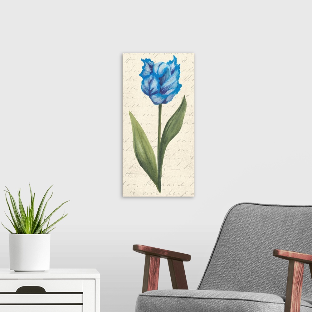A modern room featuring Contemporary artwork of a tulip against a cream colored background with script.