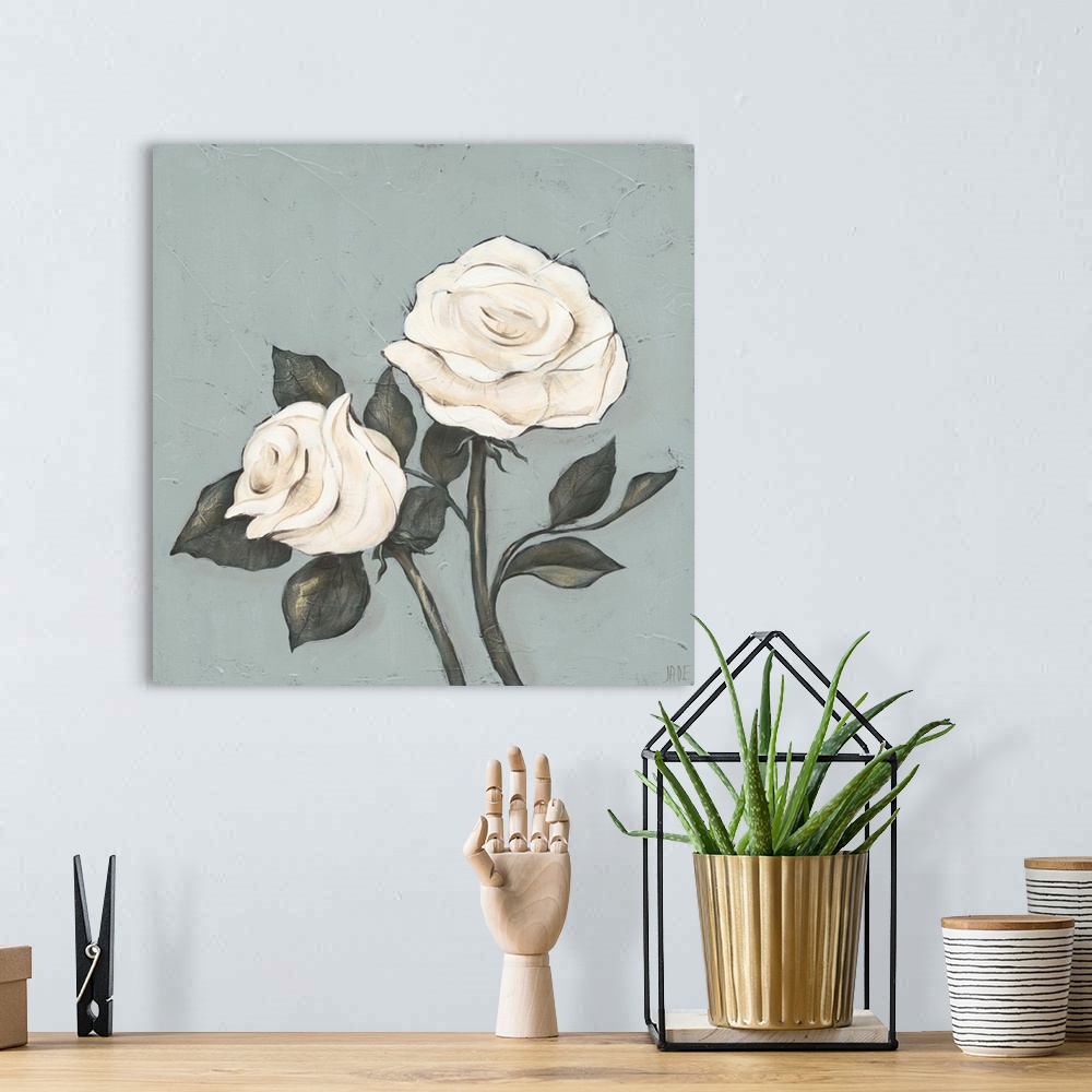 A bohemian room featuring This decorative artwork features romantic roses with soft petals painted in white and tan over a ...