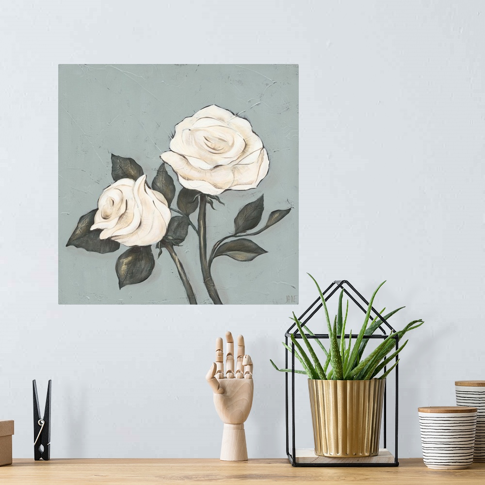 A bohemian room featuring This decorative artwork features romantic roses with soft petals painted in white and tan over a ...