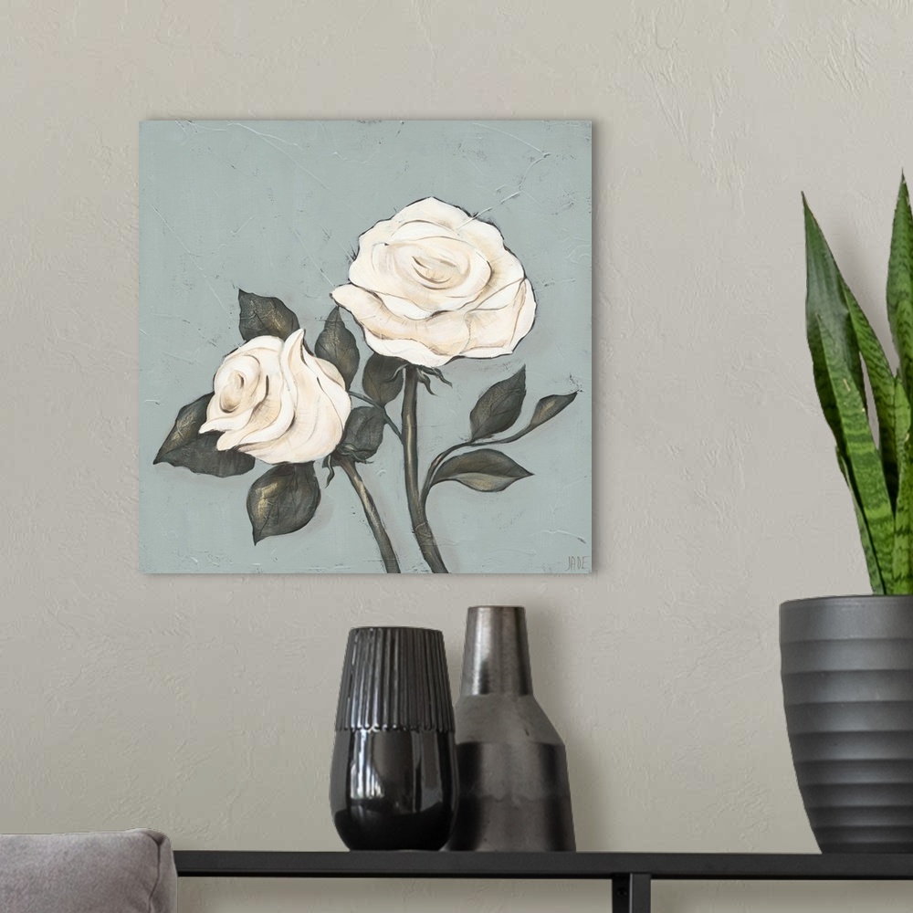 A modern room featuring This decorative artwork features romantic roses with soft petals painted in white and tan over a ...
