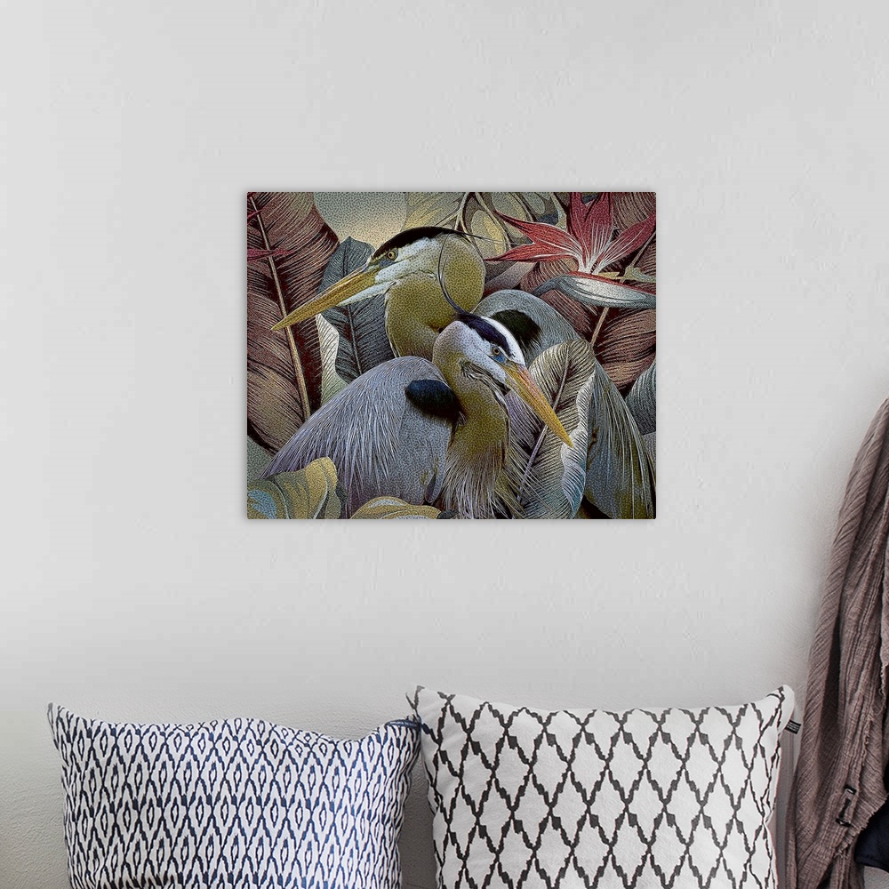A bohemian room featuring Two herons sitting together amongst tropical leaves and flowers.