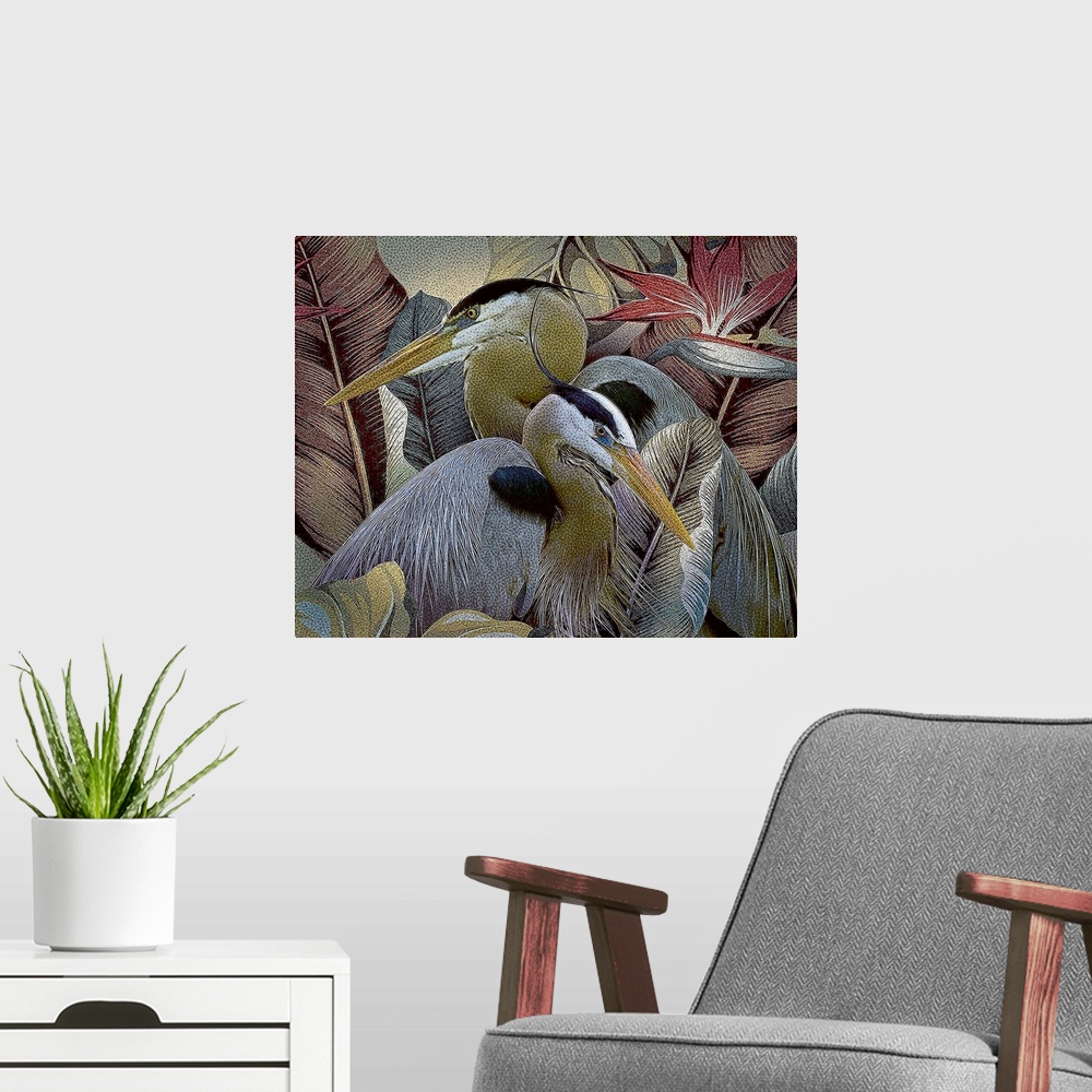A modern room featuring Two herons sitting together amongst tropical leaves and flowers.