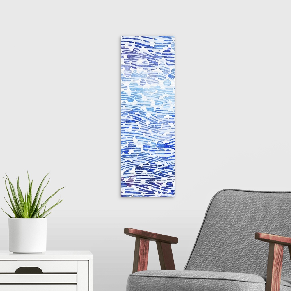 A modern room featuring Contemporary abstract artwork resembling rushing water in a river.