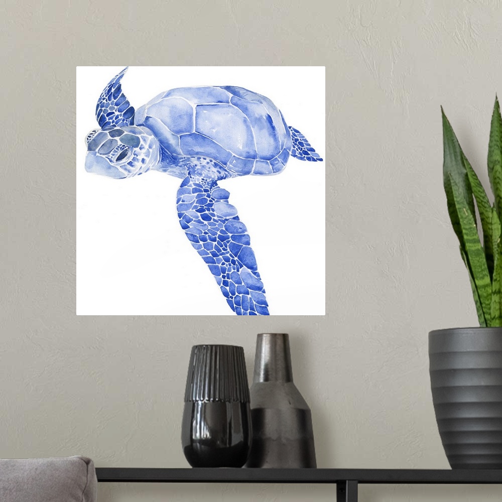 A modern room featuring Bright blue watercolor illustration of a sea turtle.