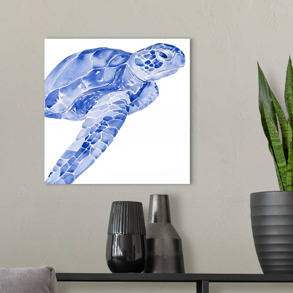 A modern room featuring Bright blue watercolor illustration of a sea turtle.