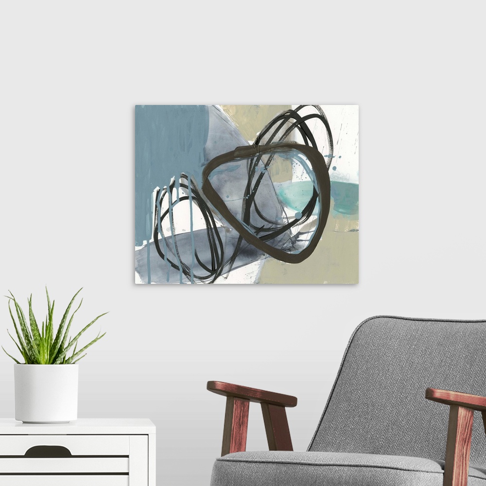 A modern room featuring Contemporary abstract painting with black circular shapes and blocks of color in olive green and ...