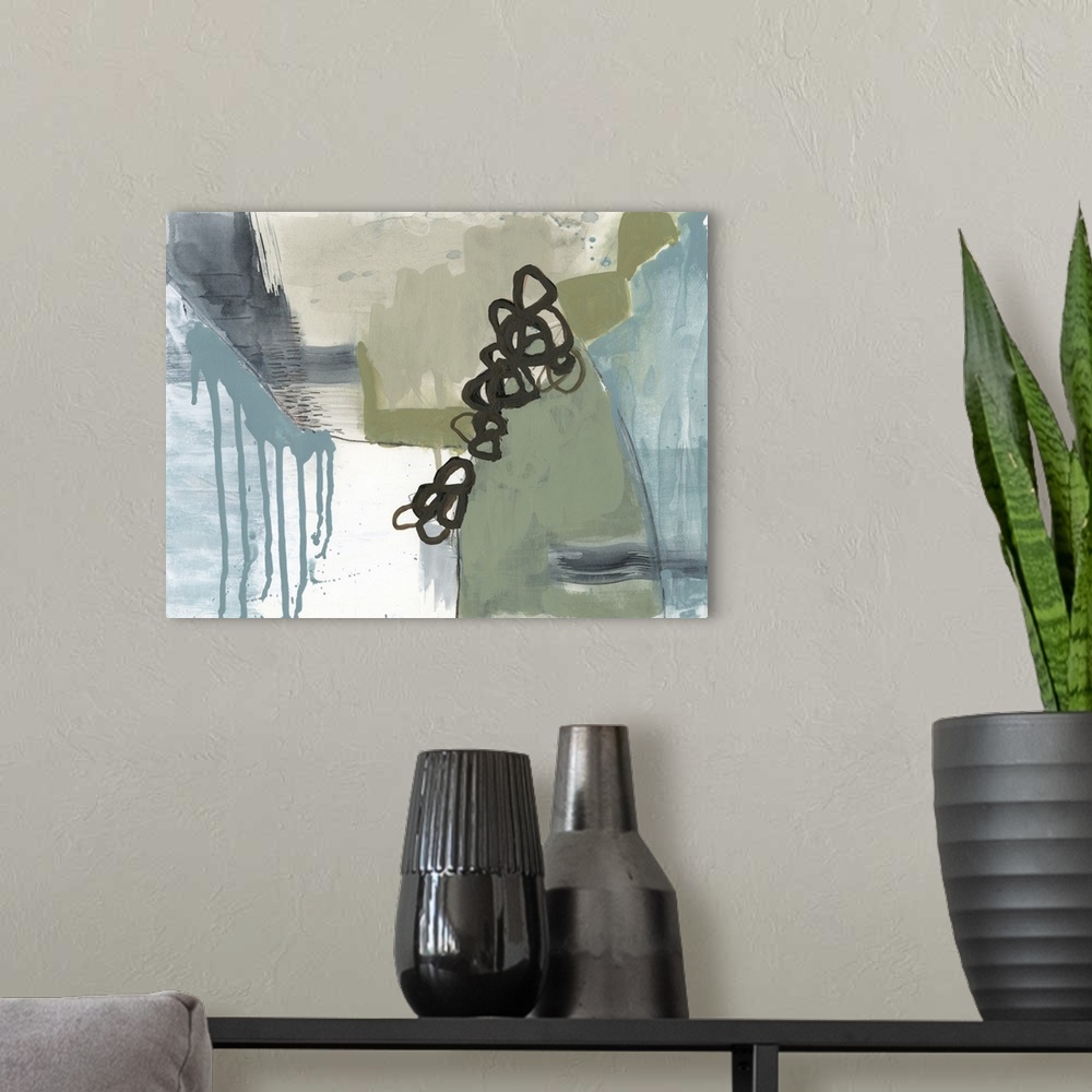A modern room featuring Contemporary abstract painting with paint drips, circular shapes and blocks of color in olive gre...