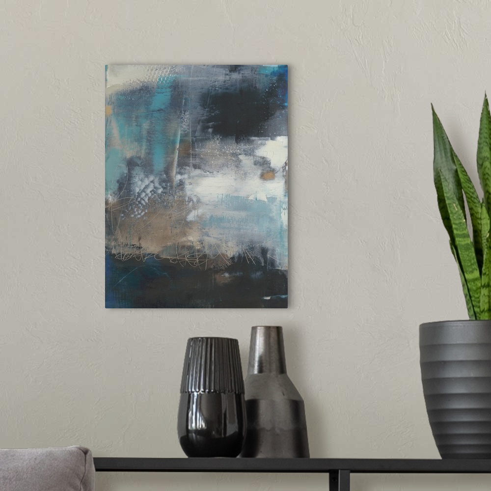 A modern room featuring This abstract artwork is filled with cool colors in various textures and patterns that exemplify ...