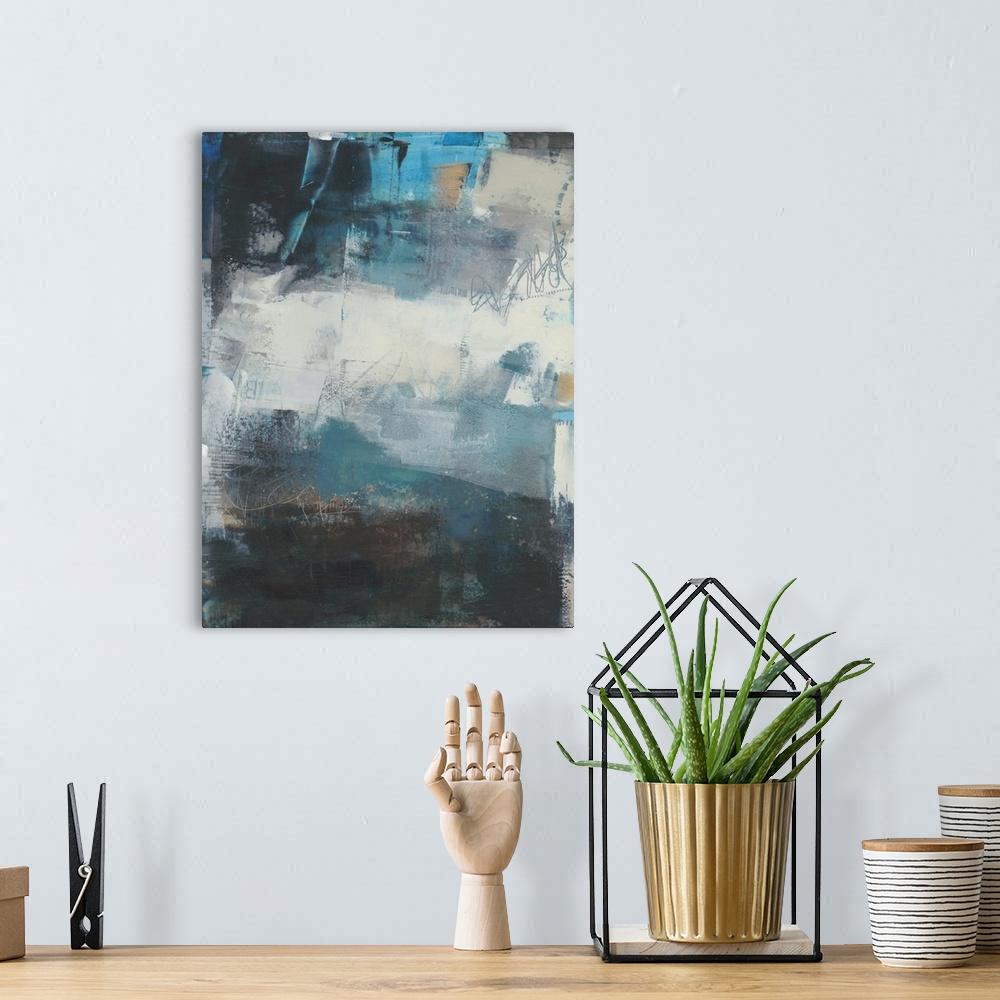 A bohemian room featuring This abstract artwork is filled with cool colors in various textures and patterns that exemplify ...