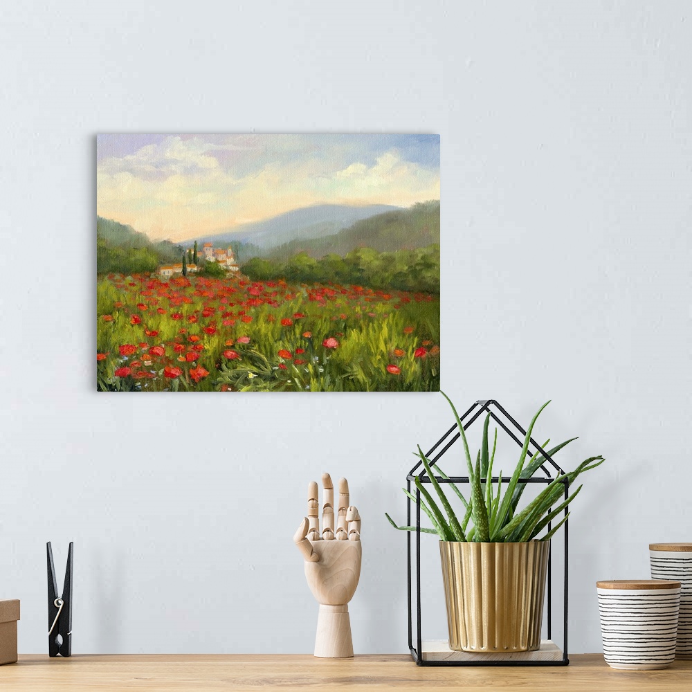 A bohemian room featuring A contemporary painting of field of wildflowers.
