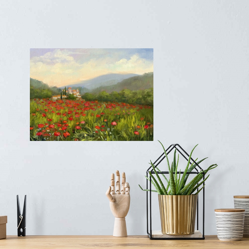 A bohemian room featuring A contemporary painting of field of wildflowers.