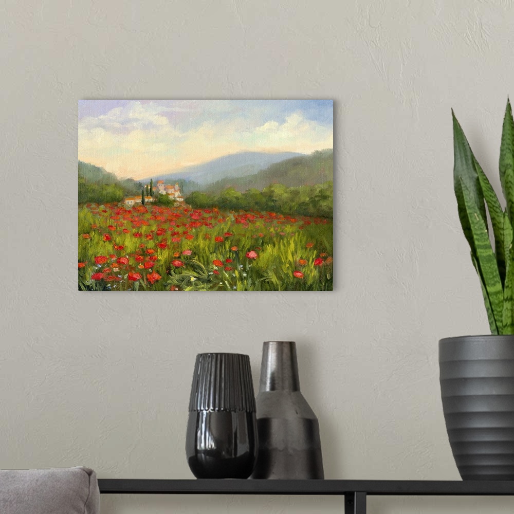 A modern room featuring A contemporary painting of field of wildflowers.