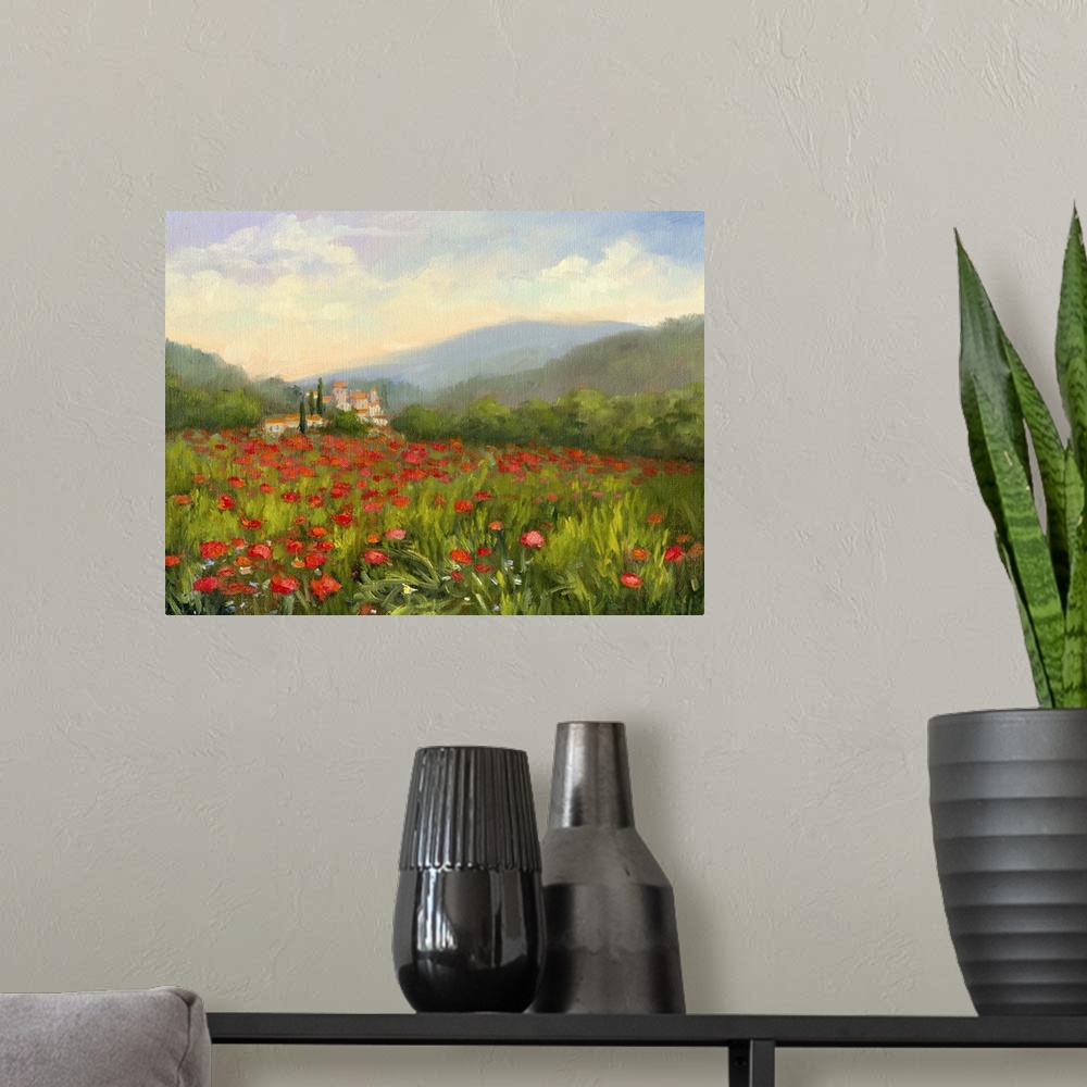 A modern room featuring A contemporary painting of field of wildflowers.