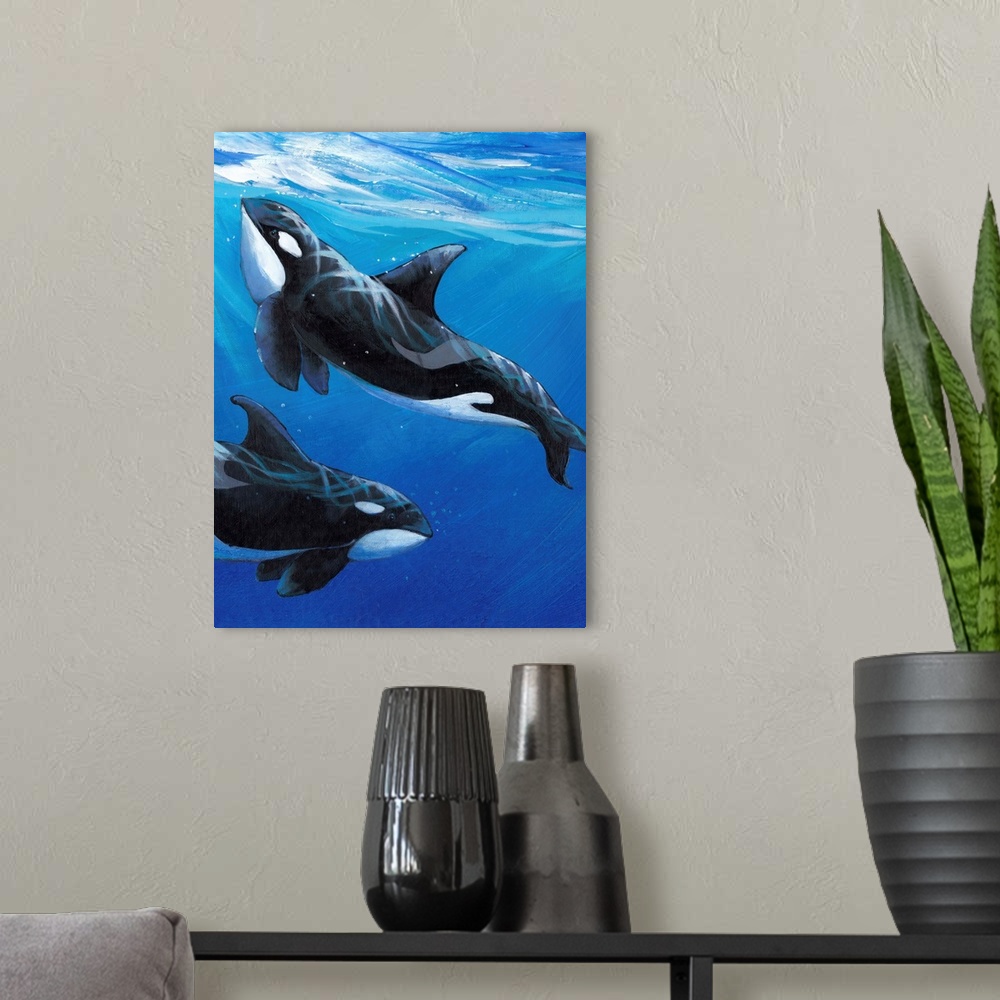 A modern room featuring Contemporary painting of two orca whales swimming close to the surface of the ocean.