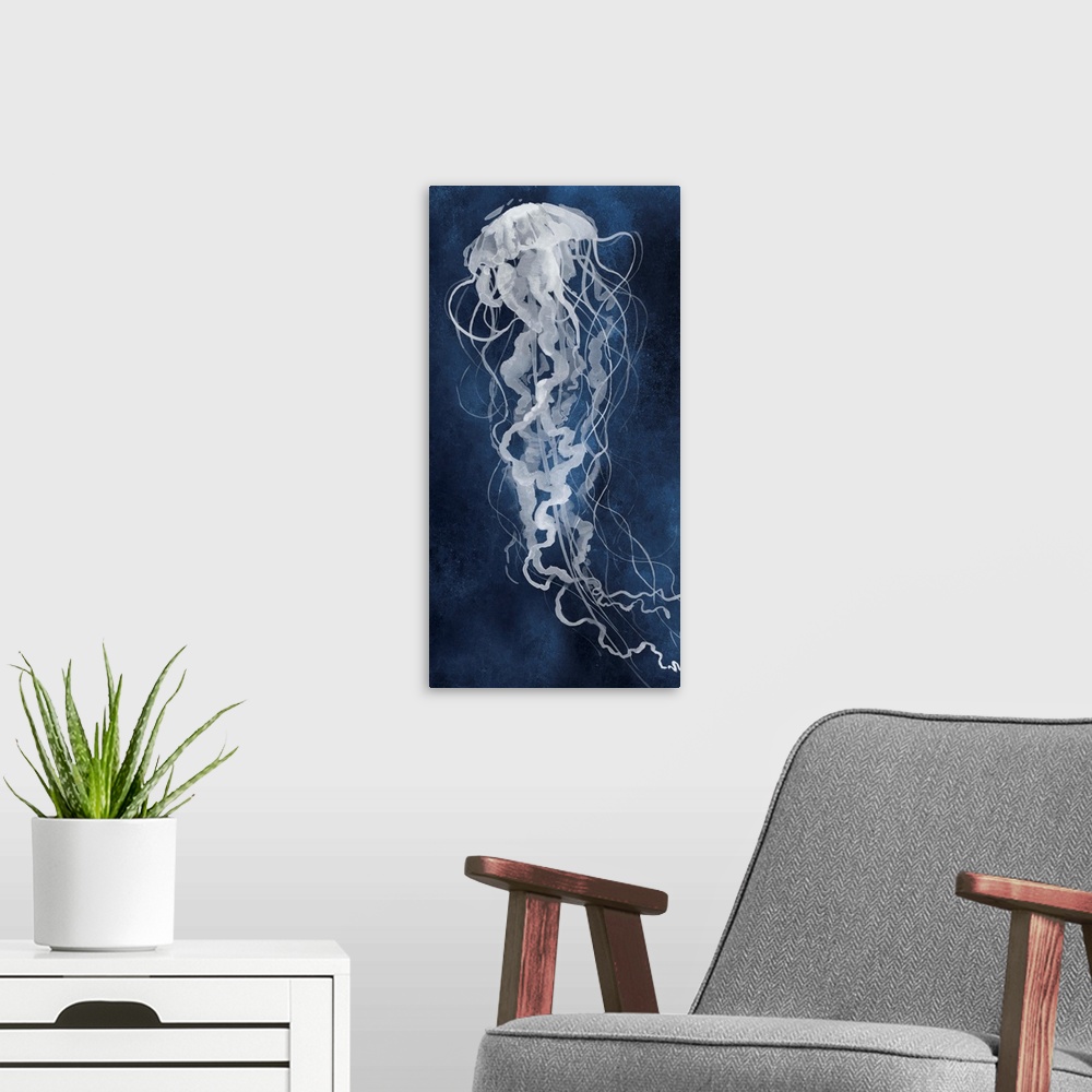 A modern room featuring Large panel watercolor painting of a white jellyfish on an indigo background.