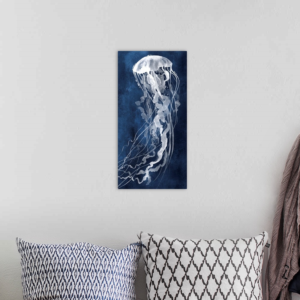 A bohemian room featuring Large panel watercolor painting of a white jellyfish on an indigo background.