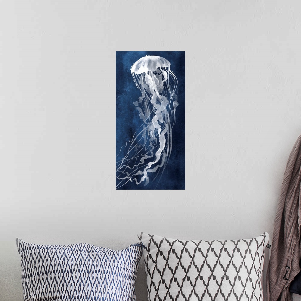 A bohemian room featuring Large panel watercolor painting of a white jellyfish on an indigo background.