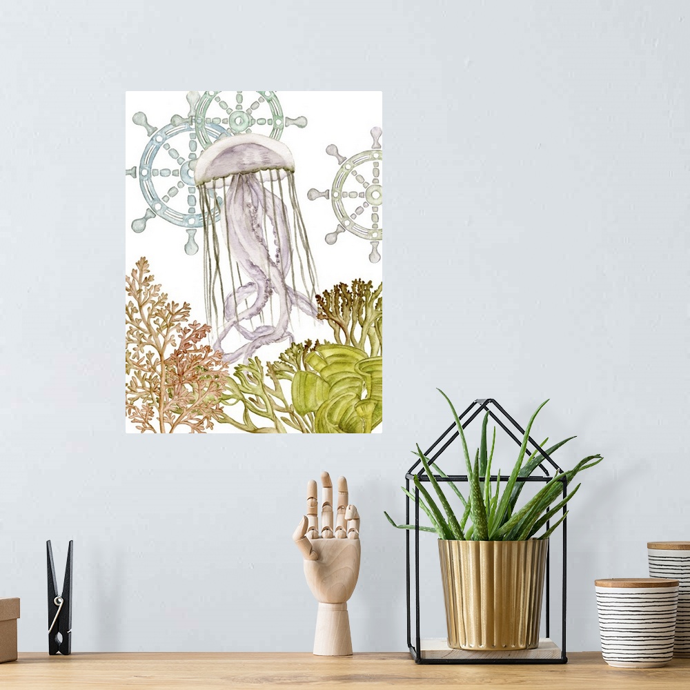 A bohemian room featuring Beach themed watercolor painting of a jellyfish with seaweed and coral and ship wheels on the bac...