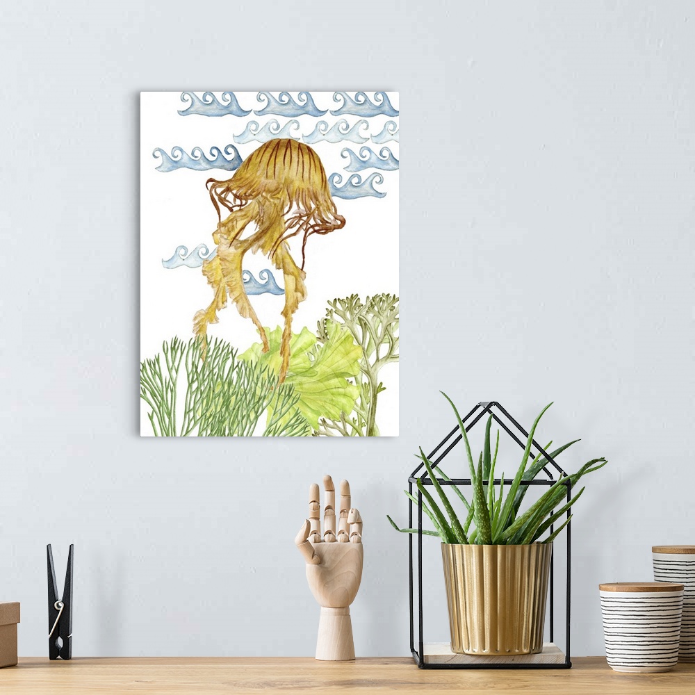 A bohemian room featuring Beach themed watercolor painting of a jellyfish and seaweed with blue waves on the background.