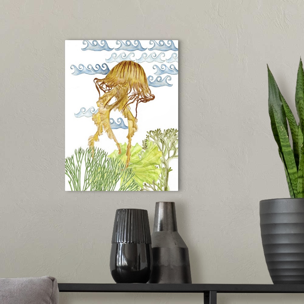 A modern room featuring Beach themed watercolor painting of a jellyfish and seaweed with blue waves on the background.