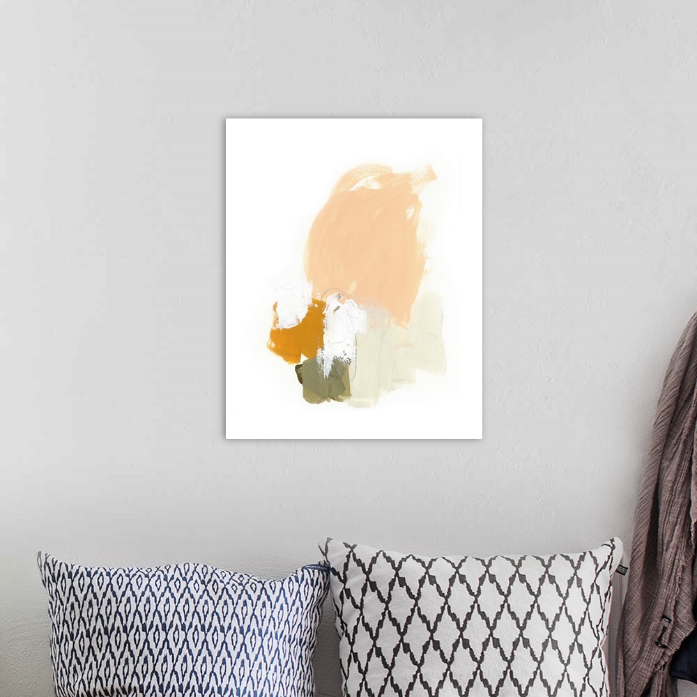 A bohemian room featuring Minimalist abstract painting in soft shades of peach and grey.