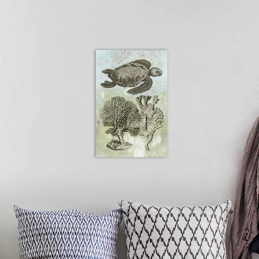 A bohemian room featuring Contemporary artwork featuring an illustrated turtle and coral on pastel distressed background.