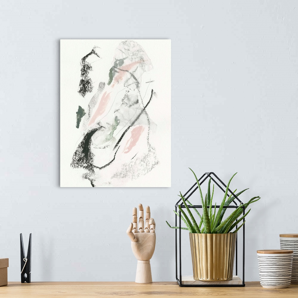 A bohemian room featuring Abstract painting of watercolor and pastels, in random curved lines, of black, pink and gray.