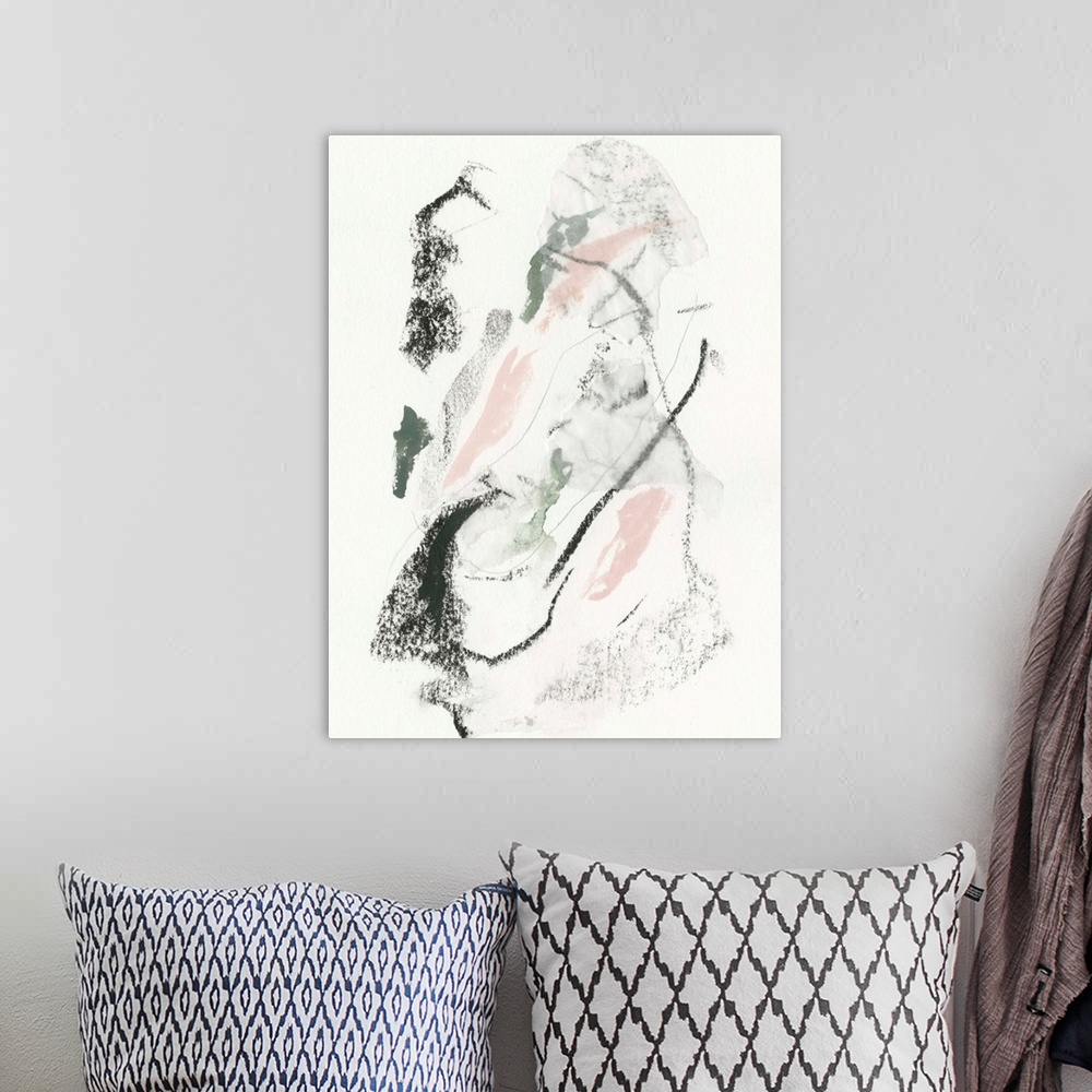 A bohemian room featuring Abstract painting of watercolor and pastels, in random curved lines, of black, pink and gray.