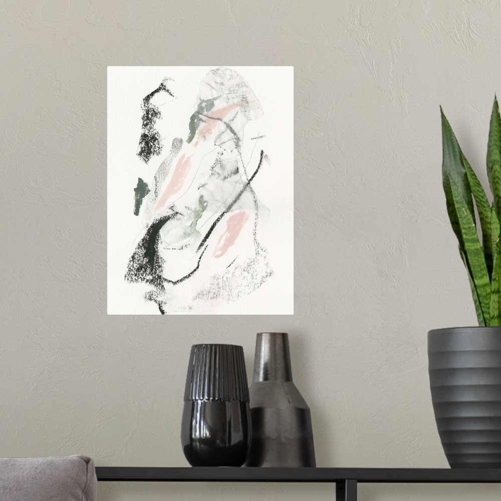 A modern room featuring Abstract painting of watercolor and pastels, in random curved lines, of black, pink and gray.