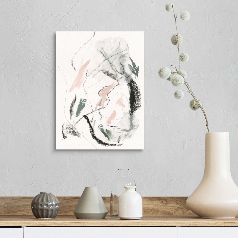 A farmhouse room featuring Abstract painting of watercolor and pastels, in random curved lines, of black, pink and gray.
