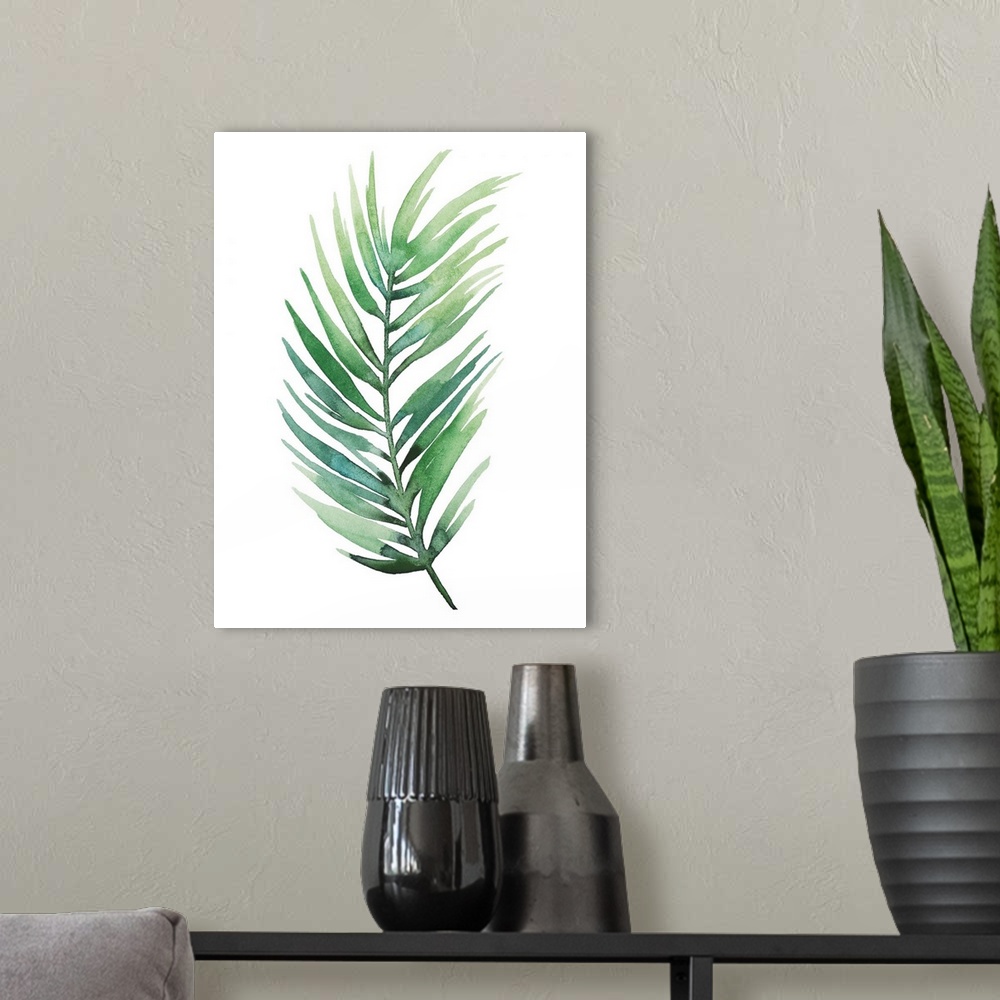 A modern room featuring Watercolor artwork of a leafy green palm frond on white.