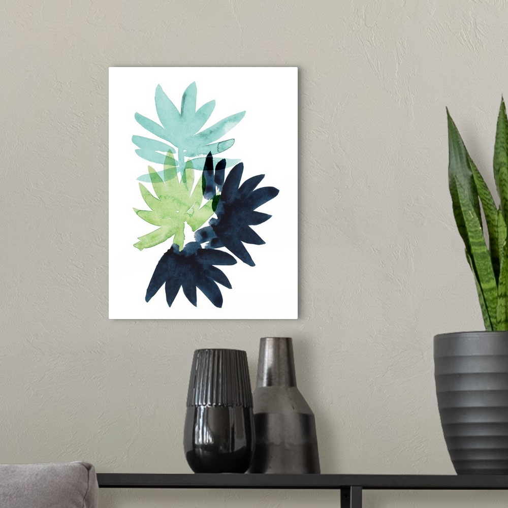 A modern room featuring Watercolor artwork of leafy green palm fronds on white.
